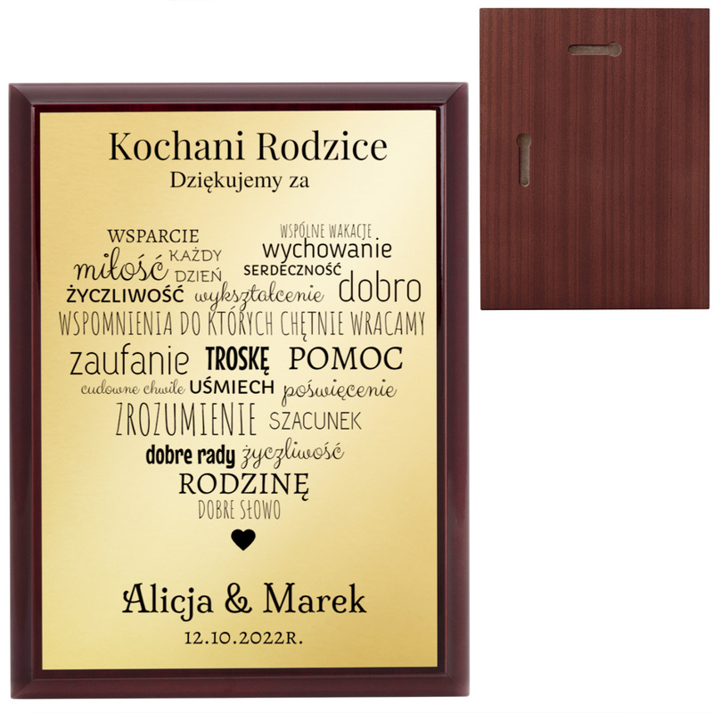 Ślubne podziękowania dla rodziców – panel w pionie, złota tabliczka