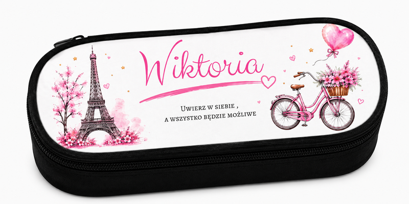 Personalizowany piórnik z wieżą Eiffla i imieniem – elegancki piórnik dla dziewczynki