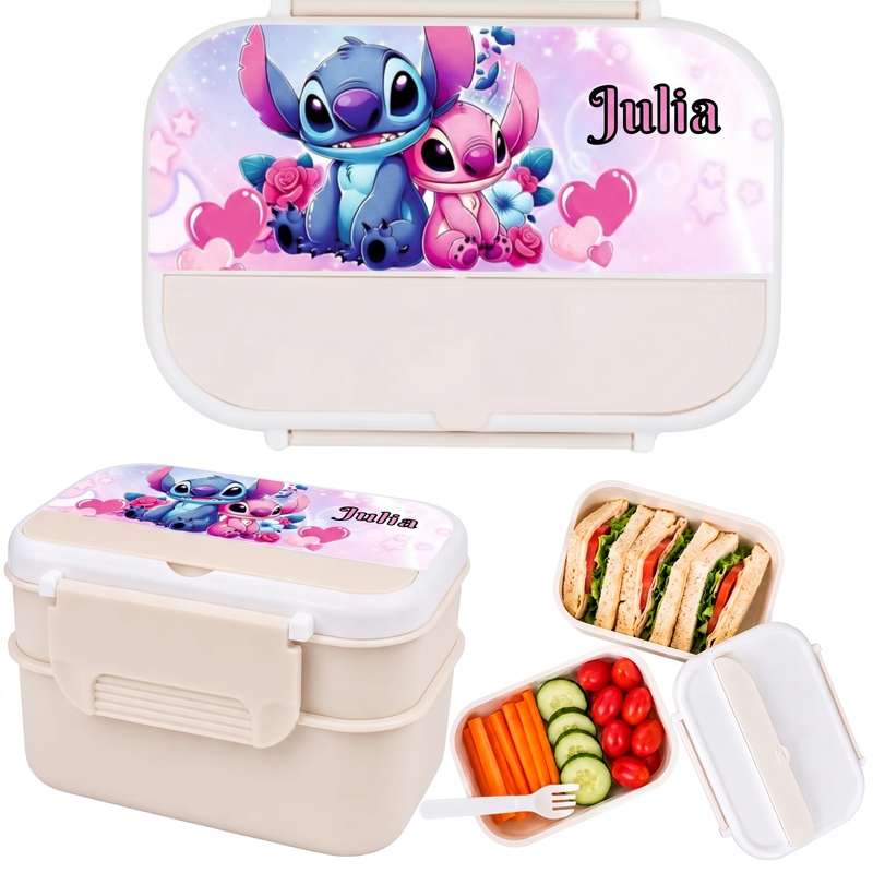 Personalizowany pojemnik na lunch Stitch i Angel z imieniem – dwupoziomowa śniadaniówka 1200 ml