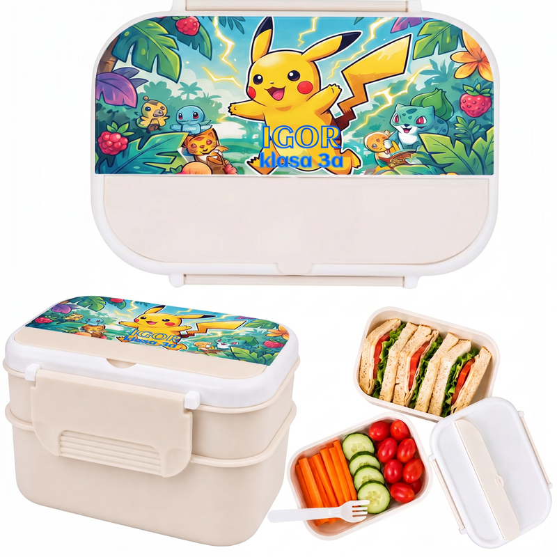 Personalizowany pojemnik na lunch Pokémon z imieniem i klasą – dwupoziomowa śniadaniówka 1200 ml
